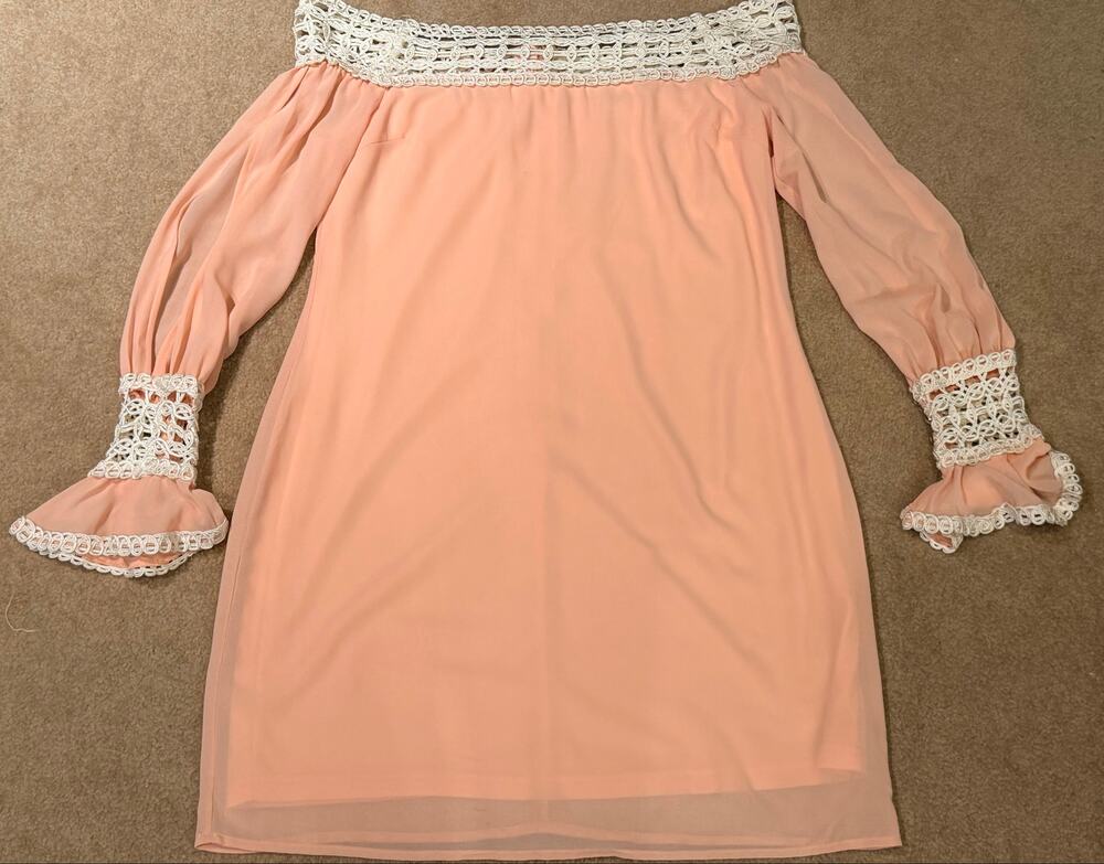Soieblu Peach Off The Shoulder Dress Size M Crochet Trim Bell Sleeves Lined